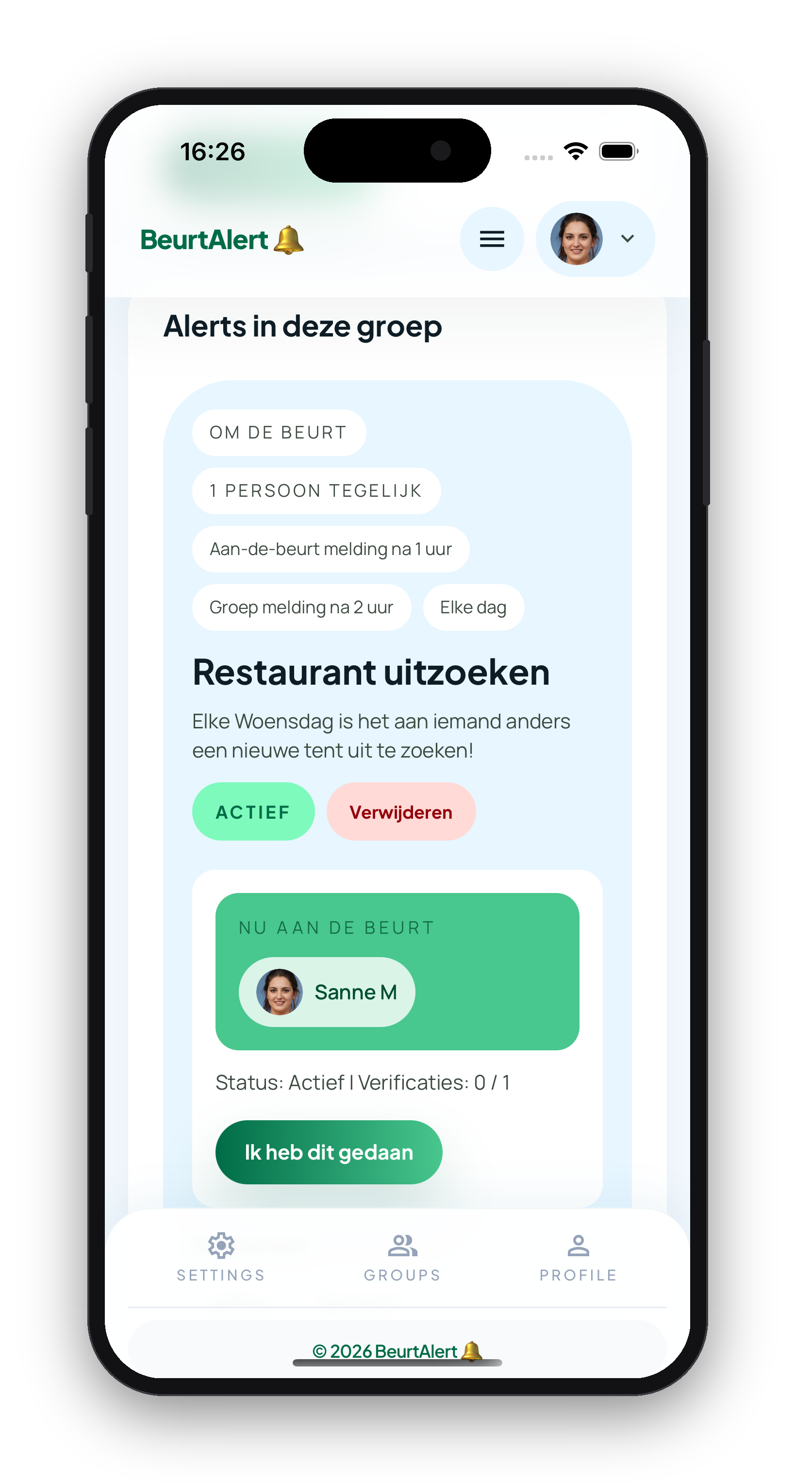 BeurtAlert overzicht van alle alerts in een groep