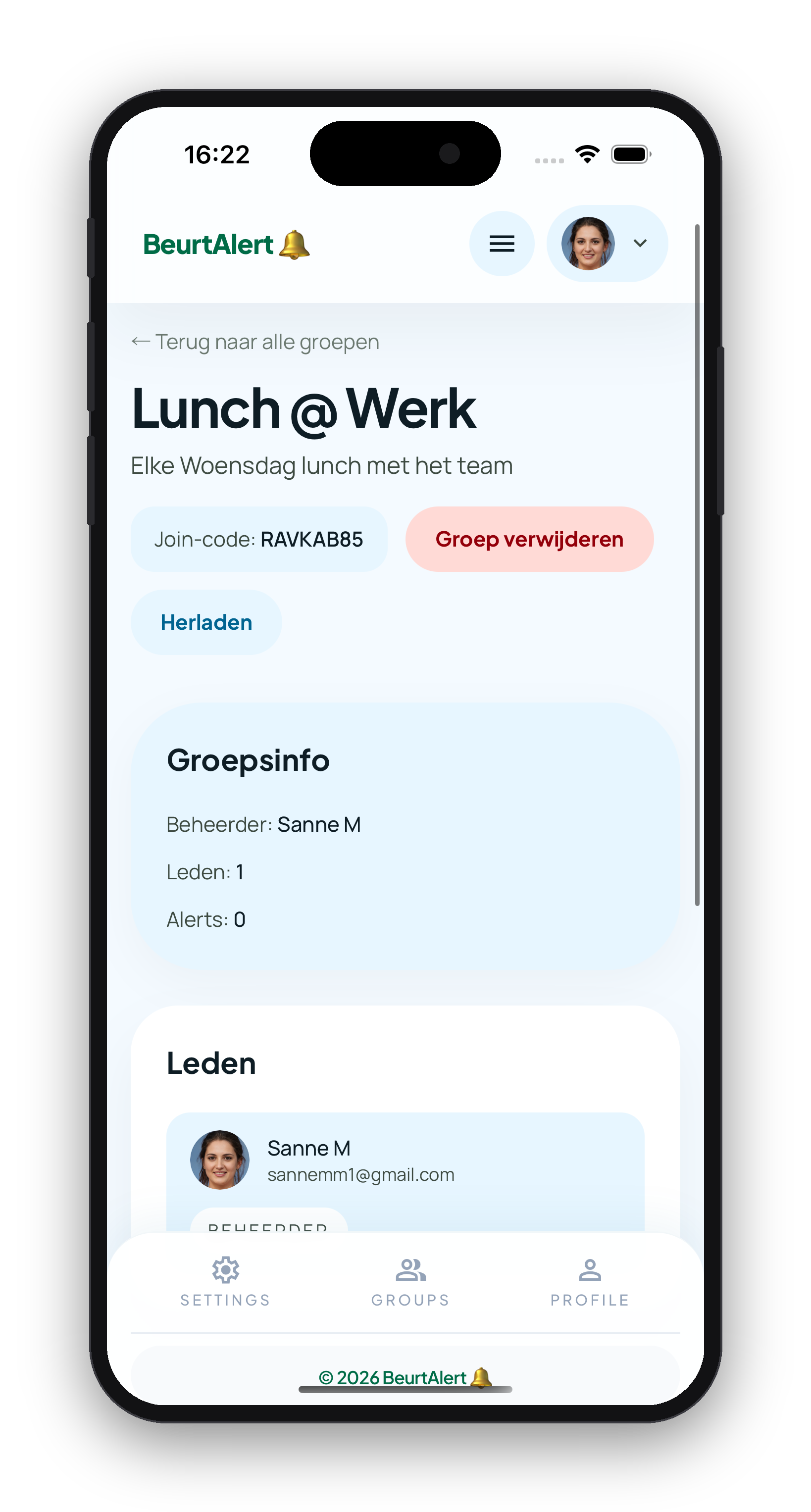 BeurtAlert groepsoverzicht met titel, leden en aantal alerts