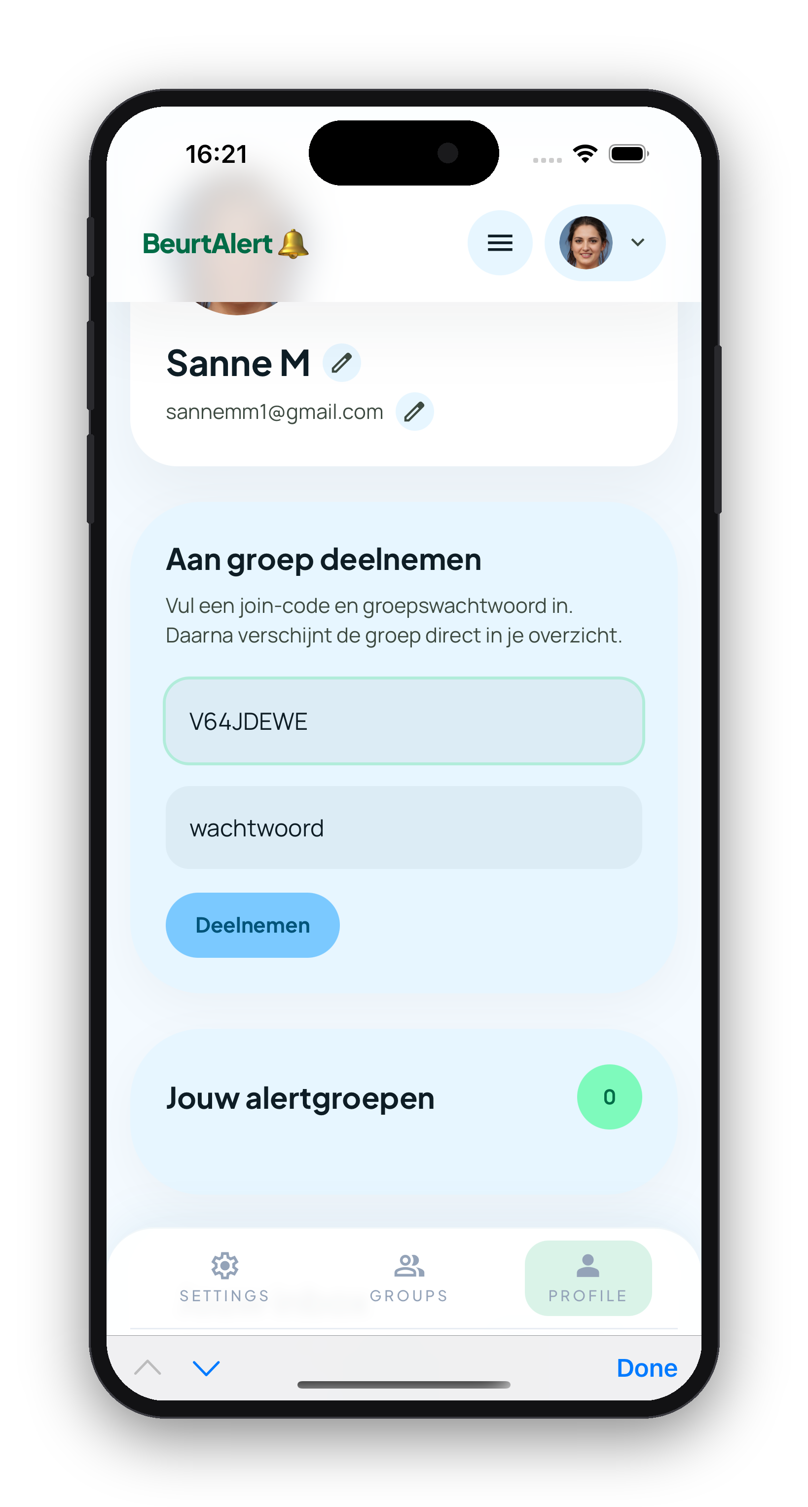 BeurtAlert scherm om lid te worden van een groep met join-code en wachtwoord