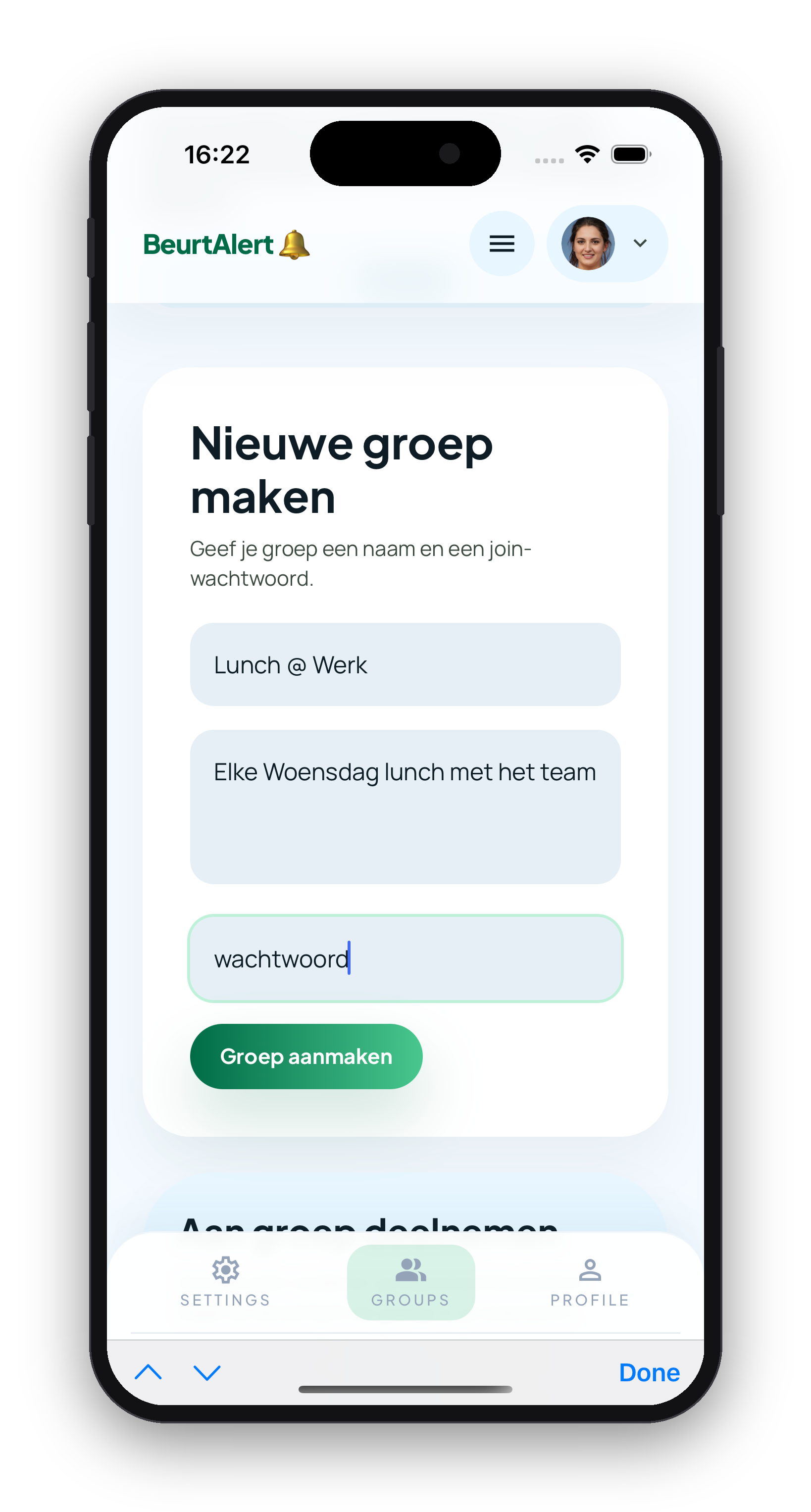 BeurtAlert scherm om een nieuwe groep aan te maken