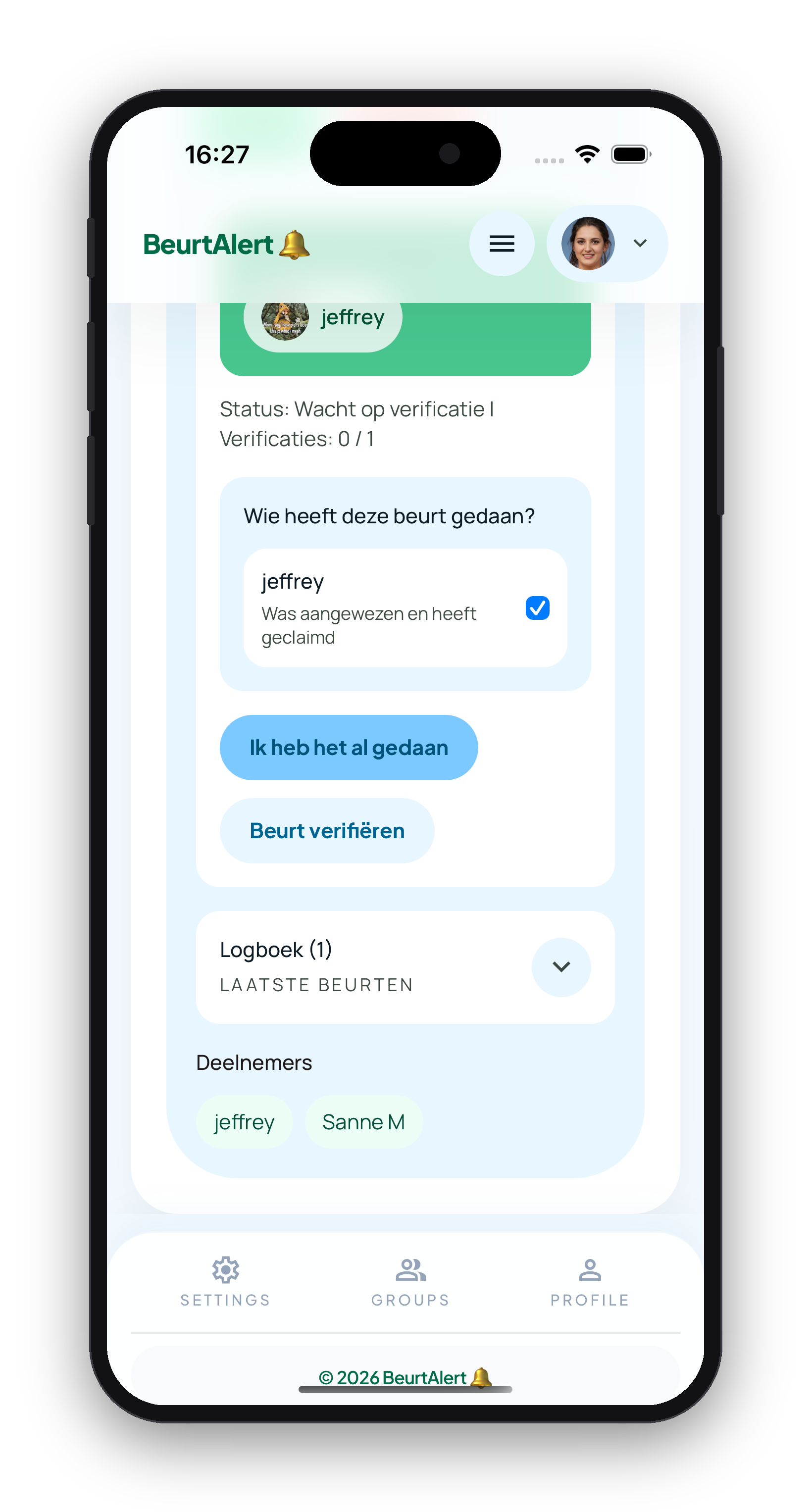 BeurtAlert scherm om een afgeronde beurt te verifiëren